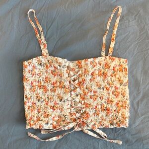 American Eagle Outfitters Floral Lace-Up Corset Sheering Top